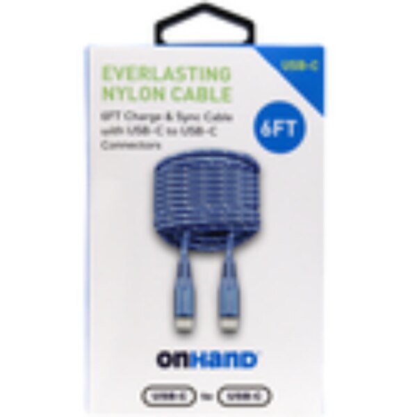 OnHand Everlasting Nylon Charge and Sync Cable - Blue 6ft USB-C to USB-C